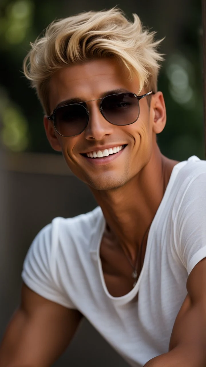 28 year old man very handsome with lightly tanned skin. blonde hair cut short, clean shaven. friendly smile