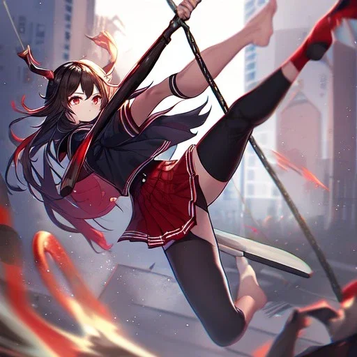 Clear focus,High resolution, Black long hair, Red eyes, Red horns, Wearing a black and red sailor uniform, Swinging a baseball bat, Looking away from the viewer, Full body, Kicking