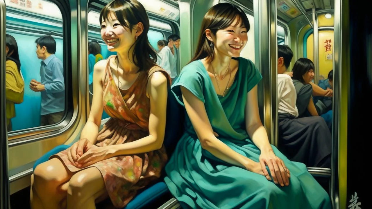 Neoclassicism 2 japanese woman smiling at other woman sitting in metro realistic cote d'azur painting colorfull