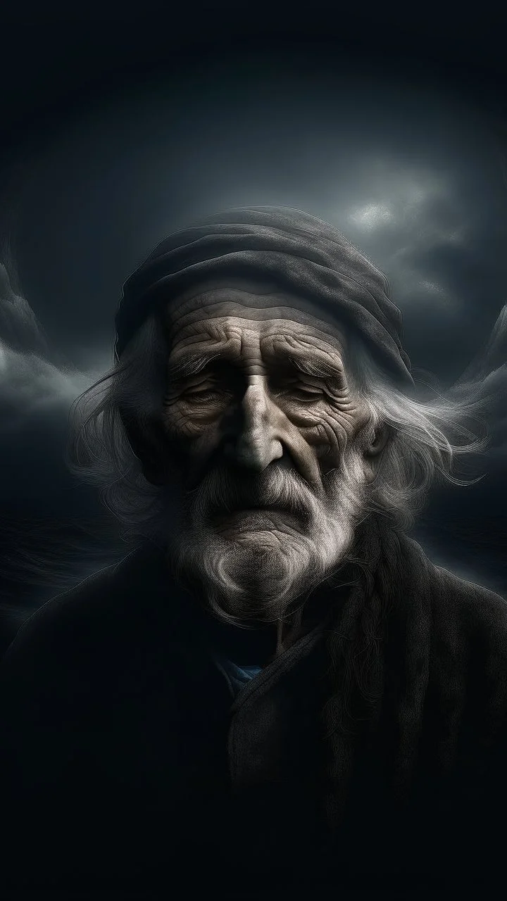 Mourning in dephts of ocean , a halo face of old man with a smoky clouds in dark gloomy foggy background with very small dem light