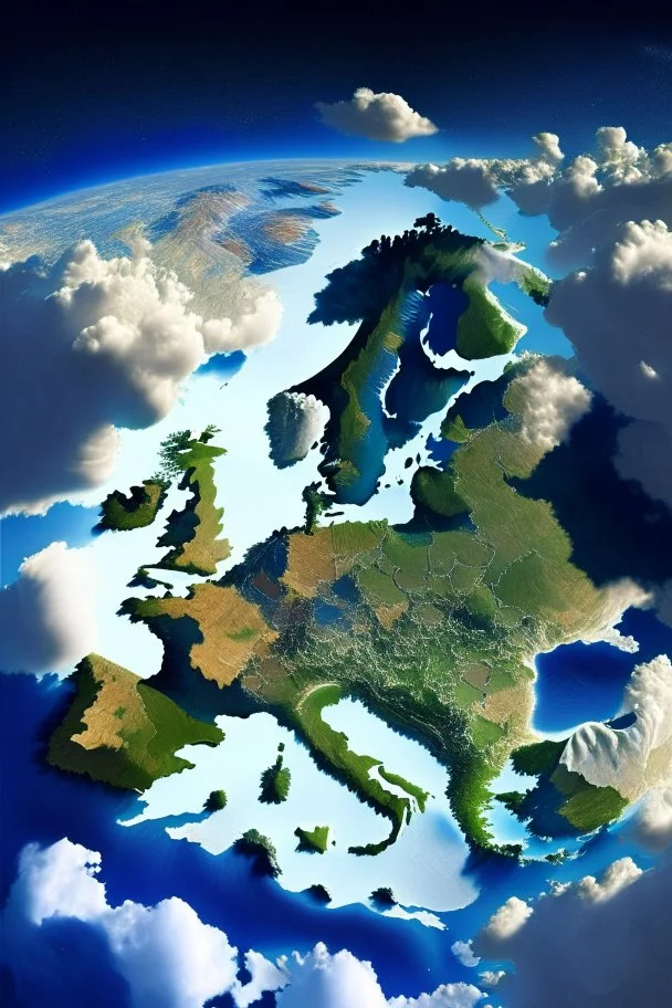 European countries are viewed from space, roads, cities, signs are visible. Highlight the names of the countries on the map. The clouds are naturalistic