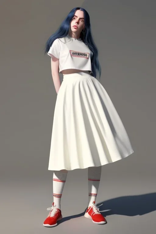 Billie Eilish, white stockings, skirt, t-shirt