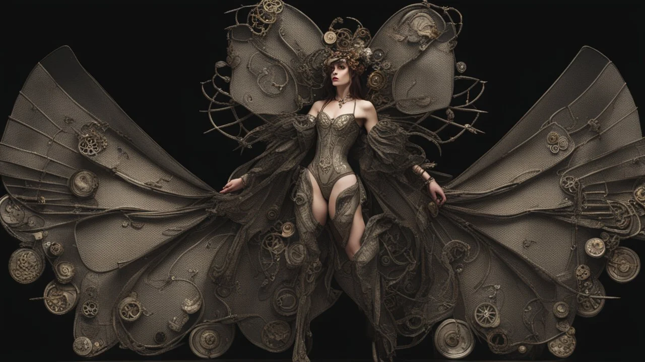 full length, steampunk delicate metal woman, moth, wings, black background