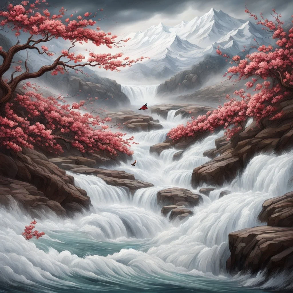 Rustic cherry branch floating down narrow rushing river, violent rapids, white peaks, birds flying. Highly detailed, fantasy, beautiful,hyperrelastic,