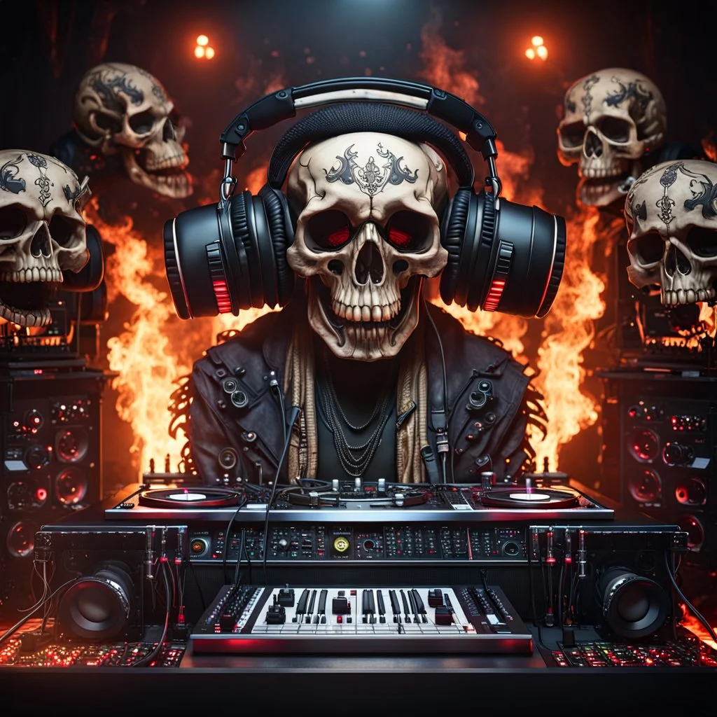 DJ of the damnded, insanely detailed DJ booth in hell, MID set, speakers and equipment made of bone, anatomically correct, add more skulls in th audience, photorealism, vray, 8k 3d https://stablecog.com/generate?o=a67b60e0-edd2-418d-9744-d1d585055d7fv https://stablecog.com/generate?o=93026b00-ac6b-436a-bc57-6aa04073d4a9