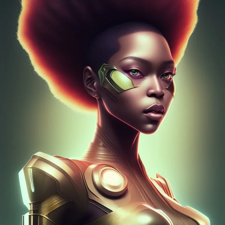 black super hero girl, green eyes, afro | very very anime!!!, fine - face, beyonce, red afro, realistic shaded perfect face, fine details. anime. realistic shaded lighting poster by ilya kuvshinov katsuhiro otomo ghost - in - the - shell, magali villeneuve, artgerm, jeremy lipkin and michael garmash and rob rey