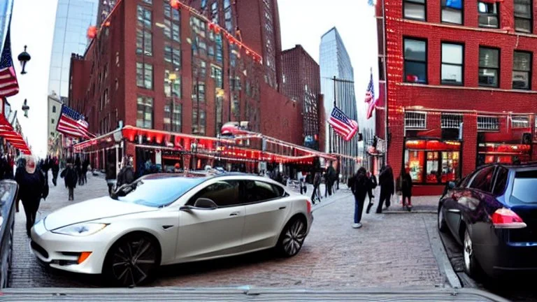A Tesla's 'Model S Plaid' is racing at top speed, on the South Street Seaport, in New York. CINEMATIC. WIDE ANGLE LENS. PHOTO REAL.