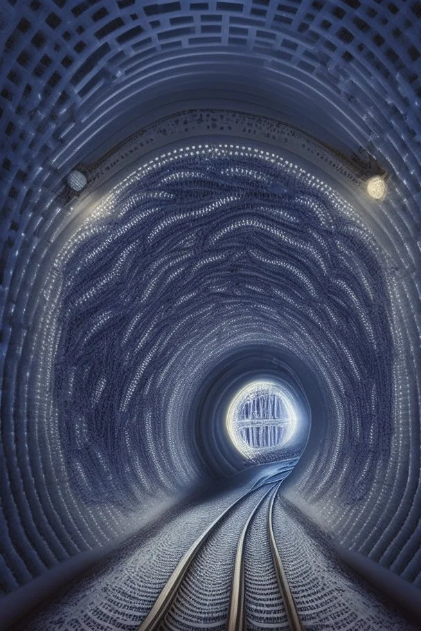 Then it comes to be that the soothing light at the end of your tunnel Was just a freight train coming your way; intricately detailed surreal optical art, award-winning