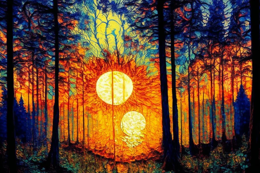 baroque style sunset in the forest, painting with kaleidoscopic touches, in the style of Claude Monet