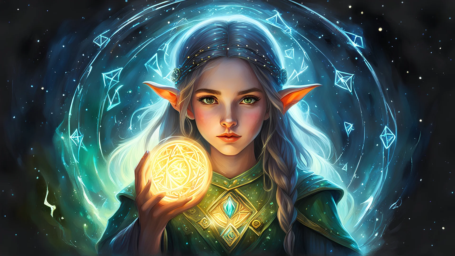 acrylic illustration, acrylic paint, oily sketch, A mysterious teen elf girl with glowing runes that float around her protectively. Particle lights floating around,