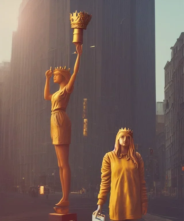 Statue of Queen of photography. Cute blonde woman. Photographer in golden crown. Standing on the street. Big camera in her hand. hyperdetailed, photorealistic, trending on artstation, greg rutkowski, beksinski, kodachrome, lomography, golden hour, bokeh, volumetric light