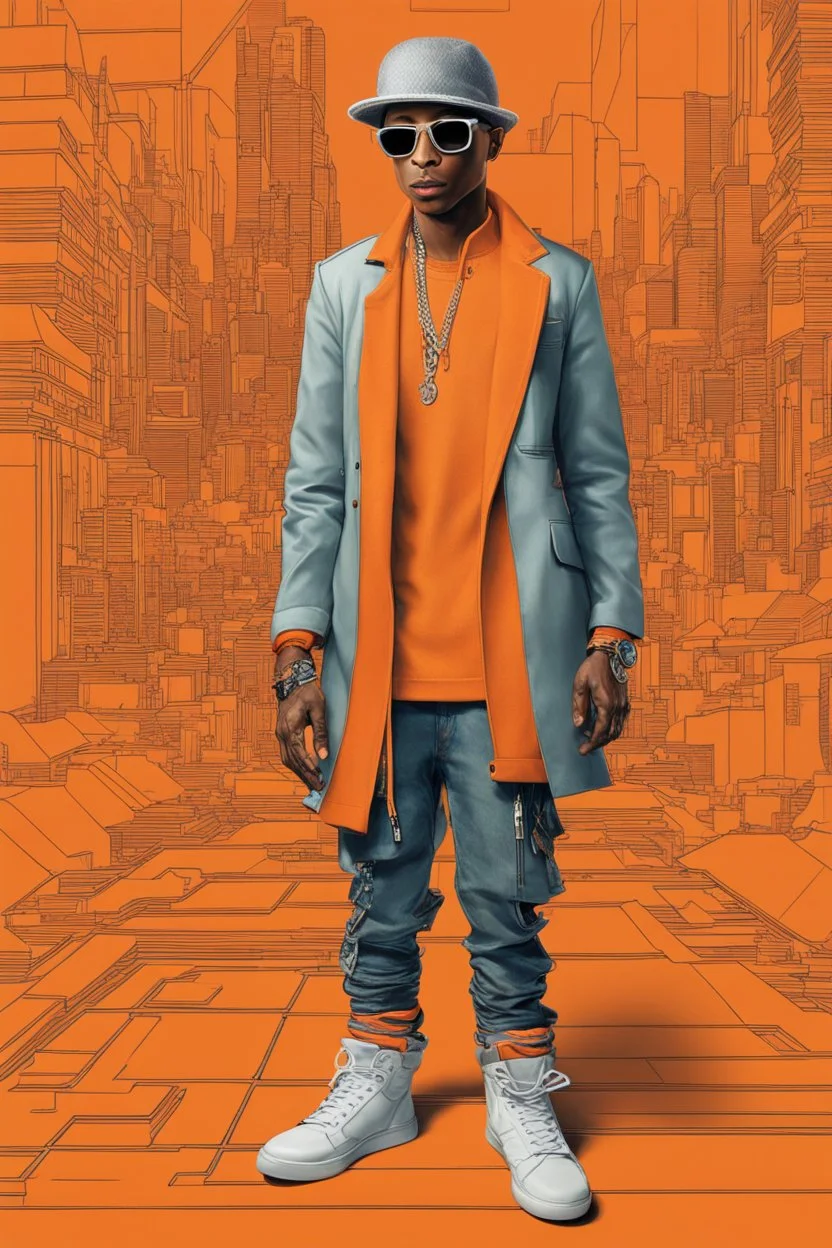 Pharrell Williams dressing in orange, cyberpunk, ultra realistic