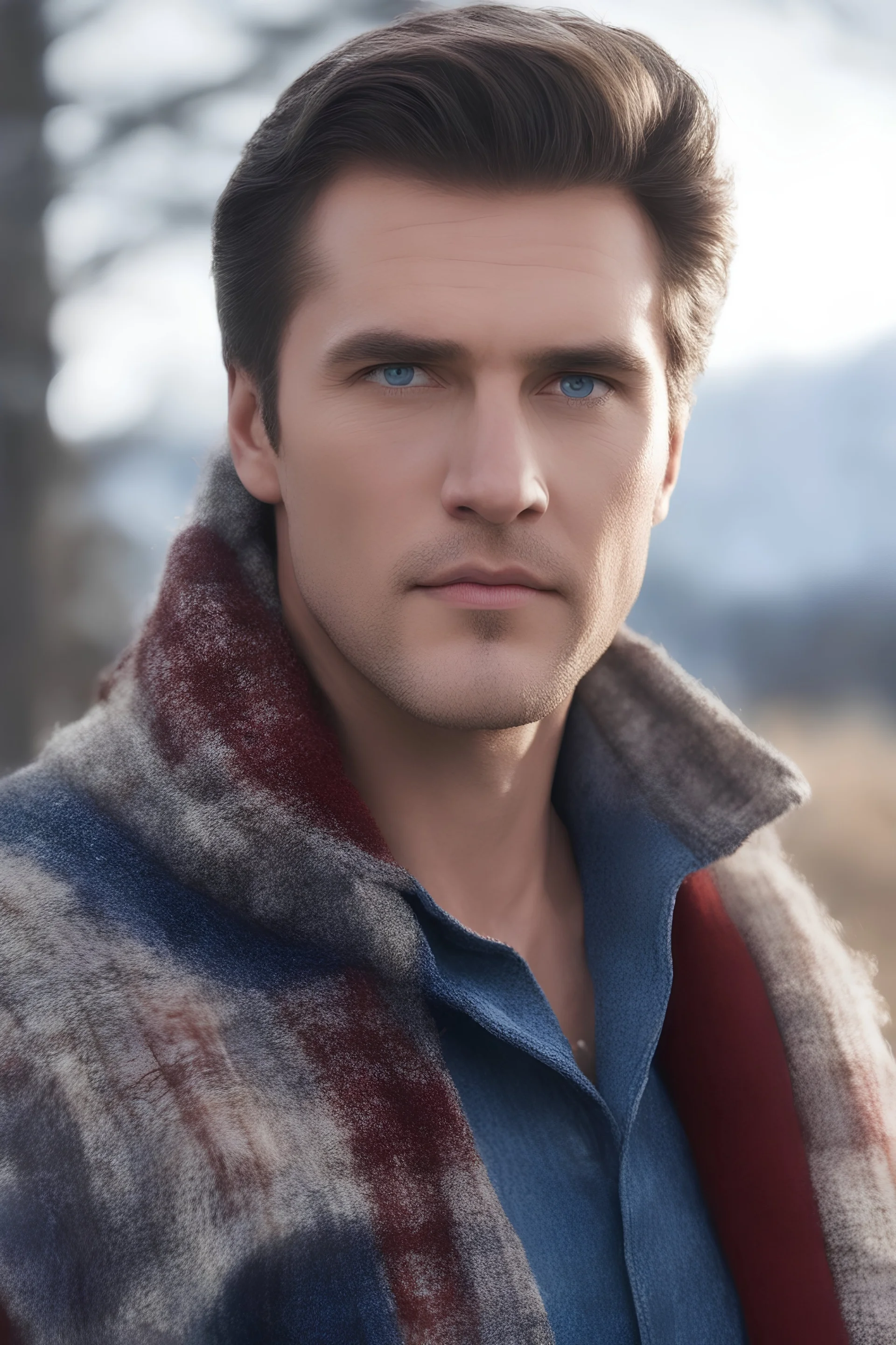 Blue eyes, close-up facial portrait - a Bright, well-lit UHD, 1080p 32k, photograph - winter time, hunting season, part Jesus Christ, part Elvis Presley with a mustache and short crew-cut hair, part Lee Majors, Part red and black checkered wool coat, blue jeans, cowboy boots, plaid shirt, sunbursts, crosses, 3D lighting, diamonds, hearts, Butterflies, Clovers, Roses, extremely colorful,