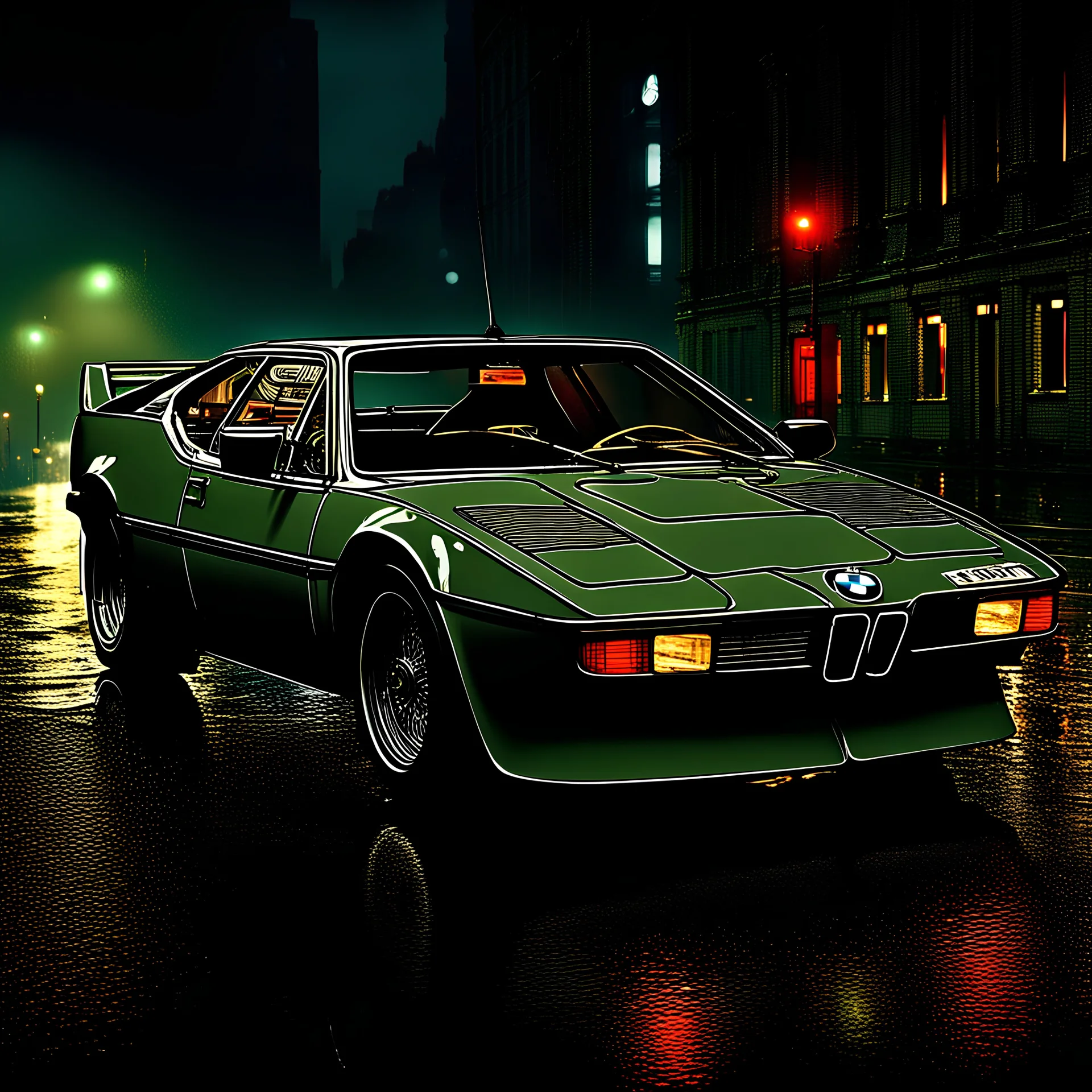 BMW M1 (1978–1981) in modern design, military graycolored supercar with swastika sign on door, rain, neon light reflections,4k,raytracing,night,driving, ((1940s ruined berlin background)), volumetric lights, with bright lights, Canon 5d, photorealism, candy, stance works,widebody, hyperreal, selective bloom, dof, thin lines, 64k textures, neon lights from cyberpunk with raytracing, hyperdetailed car textures with noise and bump map, postrprocessing, depth pass, cinematic view, dramatic light