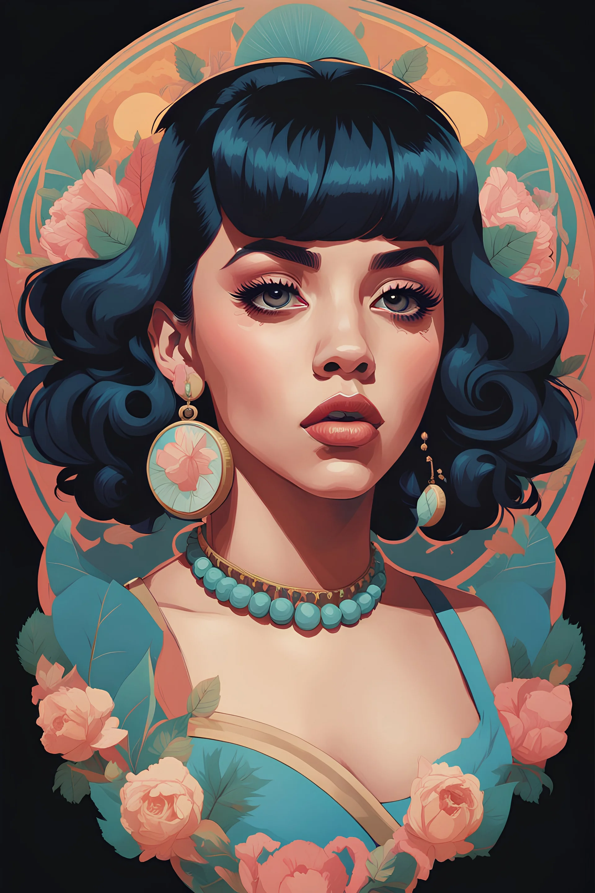 A beautiful portrait painting of a Singer Melanie Martinez face by Pascal Blanche and Sachin Teng and Sam Yang and Greg Rutkowski, in style of colorful comic. symmetry, hyper detailed. octanev render. trending on artstation