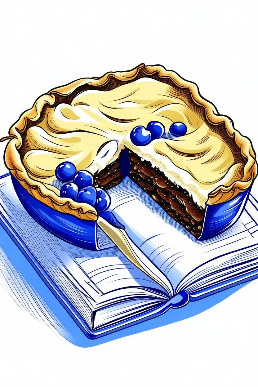 A hand-glazed ceramic baking dish filled with a blueberry pie, golden brown crust bubbling on the edges. A dollop of whipped cream rests on a slice beside the dish. Style: Vintage, Mood: Homey, Lighting: Warm oven light peeking out from the slightly open door, T-shirt design graphic, vector, contour, white background.