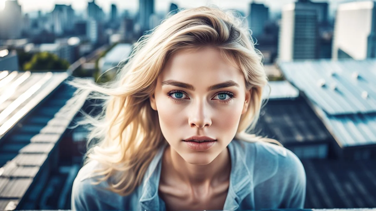 double exposure, portrait of a blonde woman on the roof, top view, clear focus, high detail. 3d, 64k, high definition, facial features are presented in high definition, which can be seen in 4K quality. sharp focus, high detail, ultra-quality, ultra-detailed, high detail, very detailed, hard style, Sakimichan style