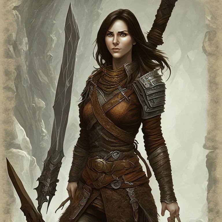 dungeons and dragons, female human, druid, brown hair, brown eyes, full body, realistic face, short hair, hair tied back, large nose, closed mouth, leather armor, face scars