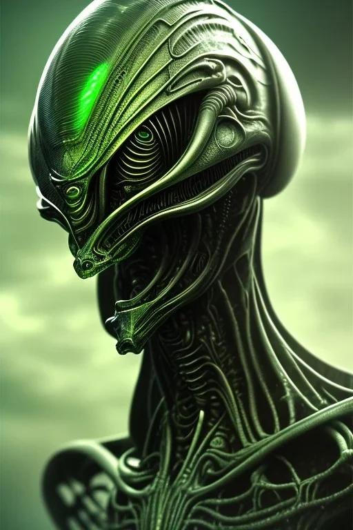 alien, head, evil,green eyes, weapons, blood, 8k, finely detailed, photo realistic, HR Giger style