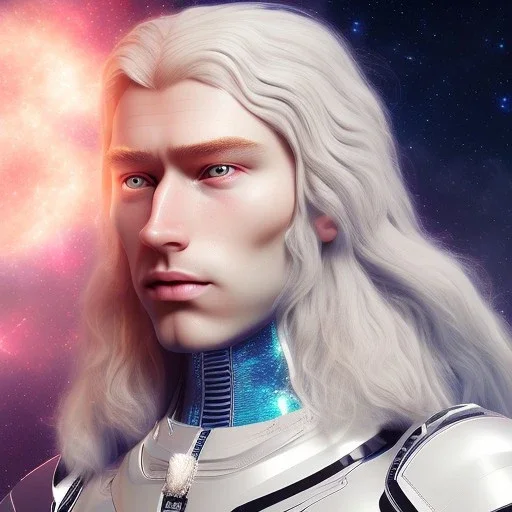 Full body ,Beautiful cosmic man, blue eyes, long blond hair, cosmic suit, galactic backdrop, soft lighting, hyper realistic, unreal engine 5, 16k