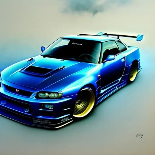 hyperrealism Drawing of 'Dark Blue Nissan Skyline GTR r34' three quarter frontal aerial view, by gaston bussiere, greg rutkowski, yoji shinkawa, yoshitaka amano, tsutomu nihei, donato giancola, tim hildebrandt,oil on canvas, cinematic composition,Sharp detail,extreme detail,fit full head inside picture,16k