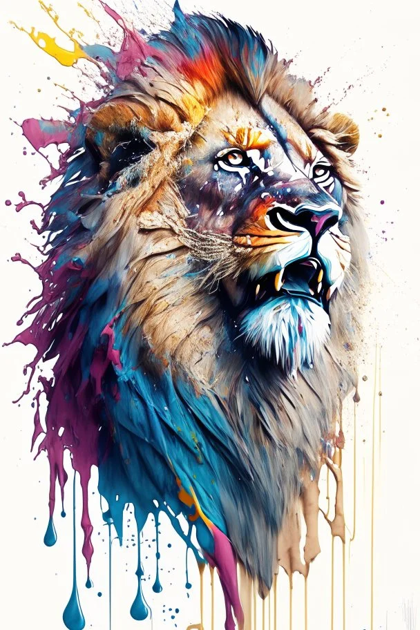 "lion", clean design, epic Instagram, art station, splash of colorful paint, contour, ((solid white background)), angled 45, hyperdetailed intricately detailed, unreal engine, fantastical, cinema lighting, intricate detail, splash screen, complementary colors, fantasy concept art, 8k resolution, DeviantArt masterpiece, watercolor, paint dripping