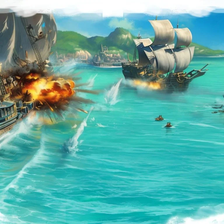 Two pirate ships fight each other at sea. Firing cannons. One ship is hit and burns after being hit.