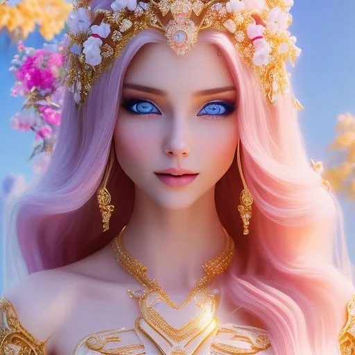 Beautyful smiling young woman, long hair amazing blue eyes, flowers, happy cosmic, bright colors, blue, pink, gold, jewels, realistic, photo real, clear sunny background, highly detailed, high contrast, 8k high definition, unreal engine 5, extremely sharp detail, light effect, sunny light background