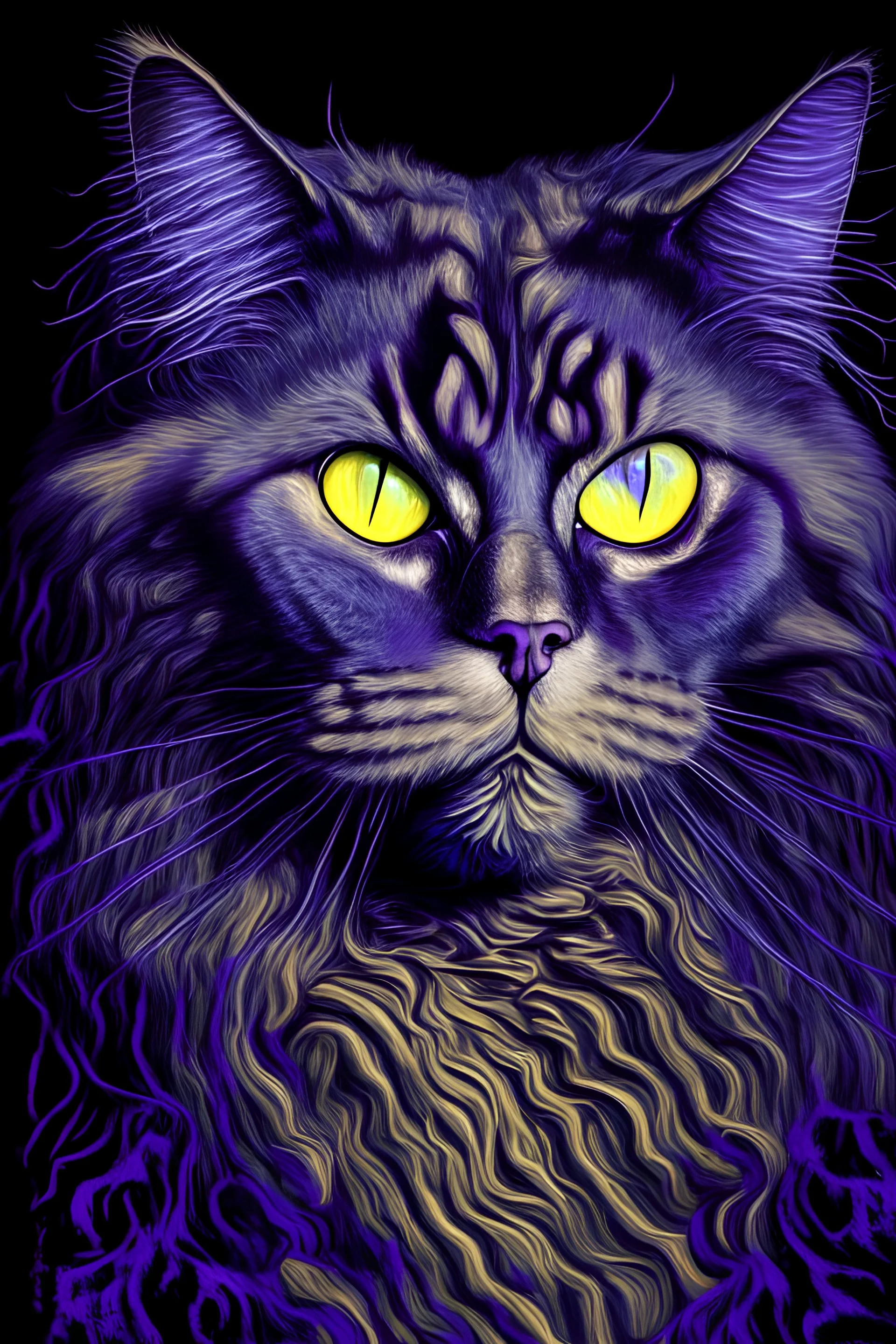 portrait of a purple maine coon cat with a third eye in its fore head by van gogh