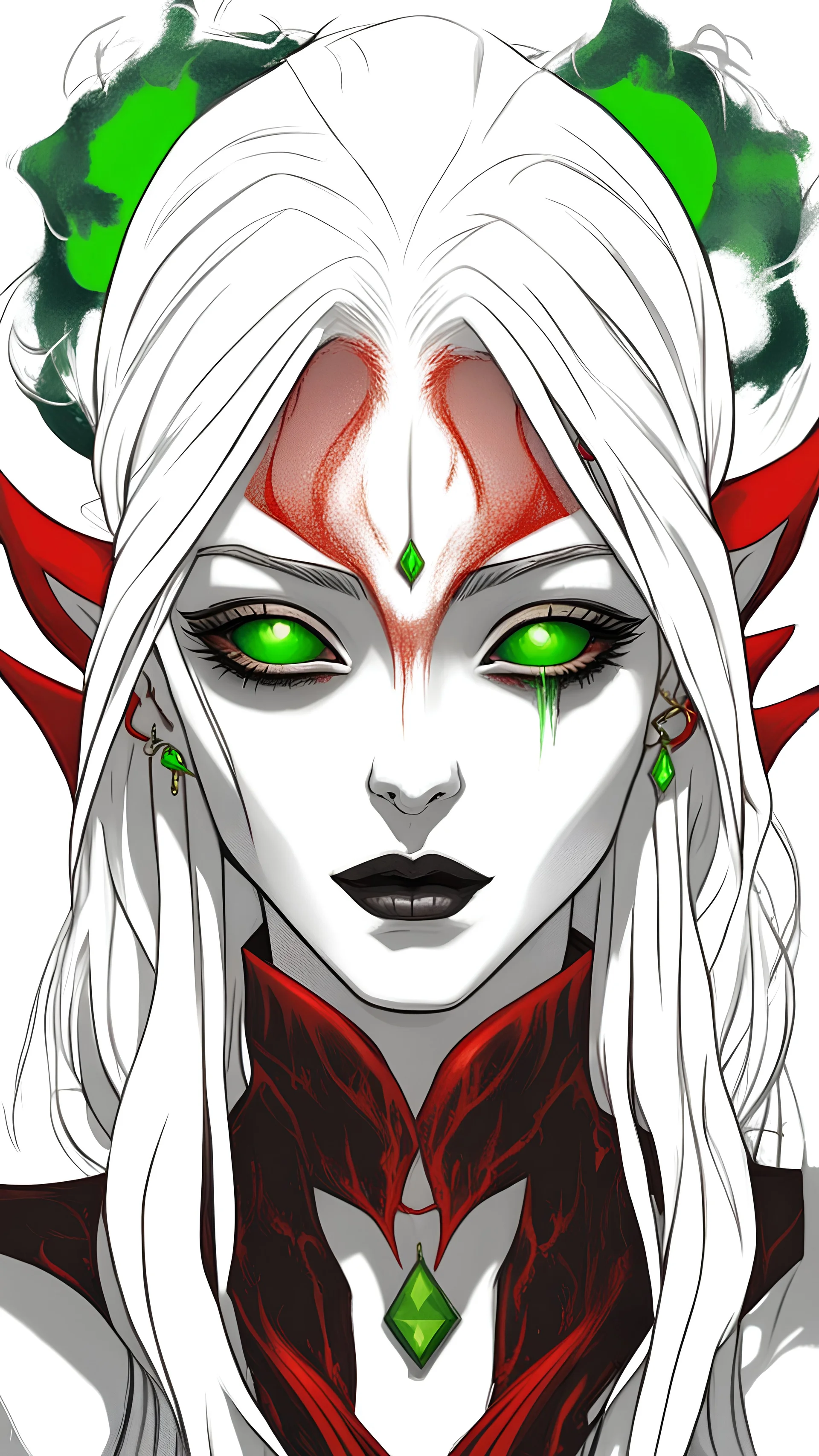 Half drow woman with white hair and one green, one red eye