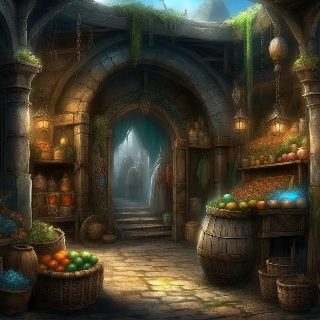 The age old entrance portal to a market for magical items. Magical, Epic. Dramatic, highly detailed, digital painting, masterpiece, lord of the rings, the hobbit