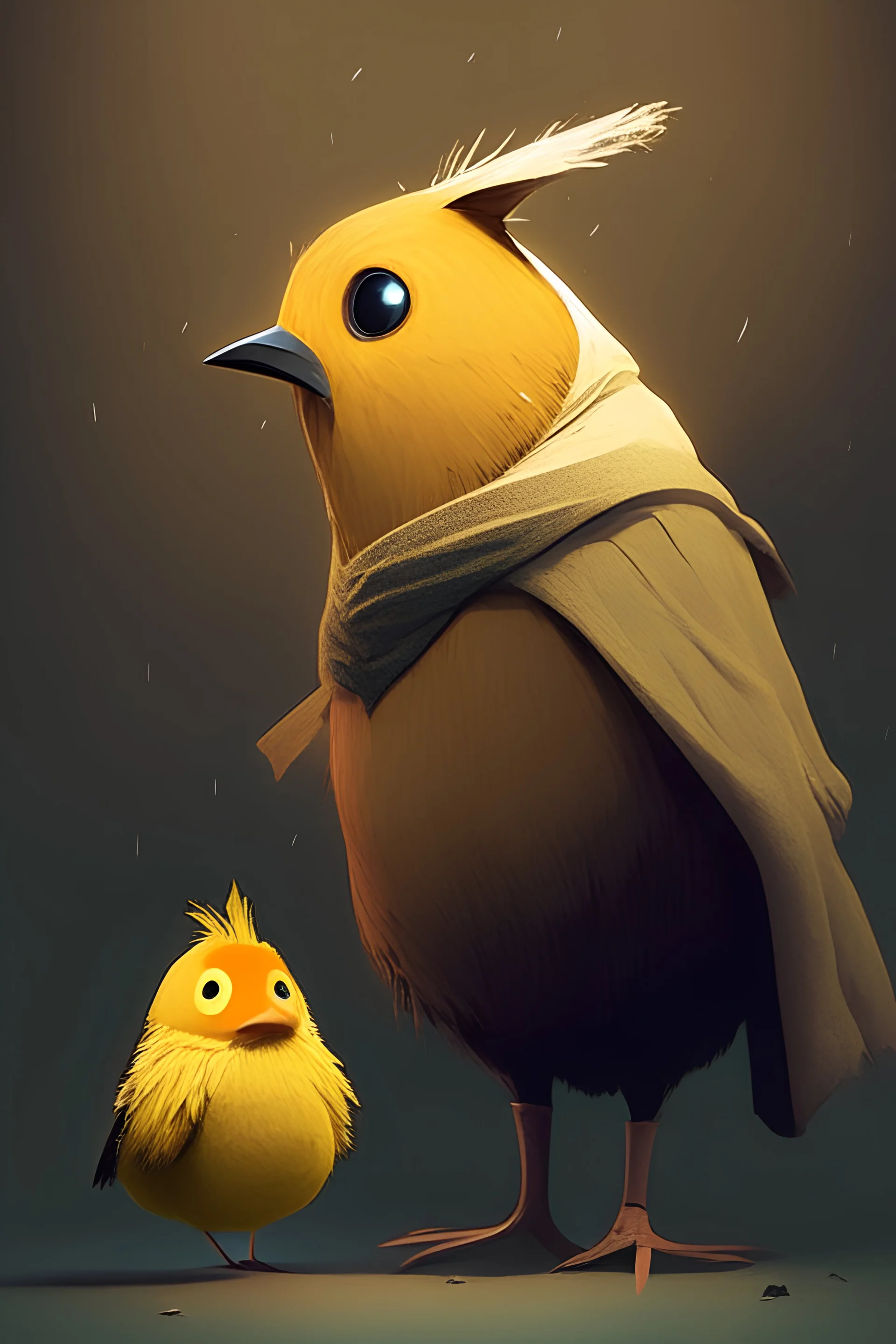 Two animals, one is a guinea pig the other one a European robin bird, in the art style of little nightmares