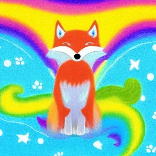 A rainbow Fox with a dog and they are both in space