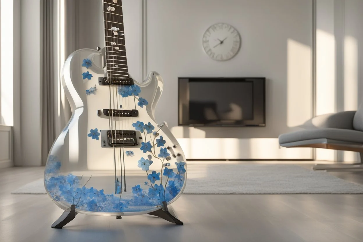 A lovely clear transparent resin guitar with forget-me-not design in a modern room in sunshine