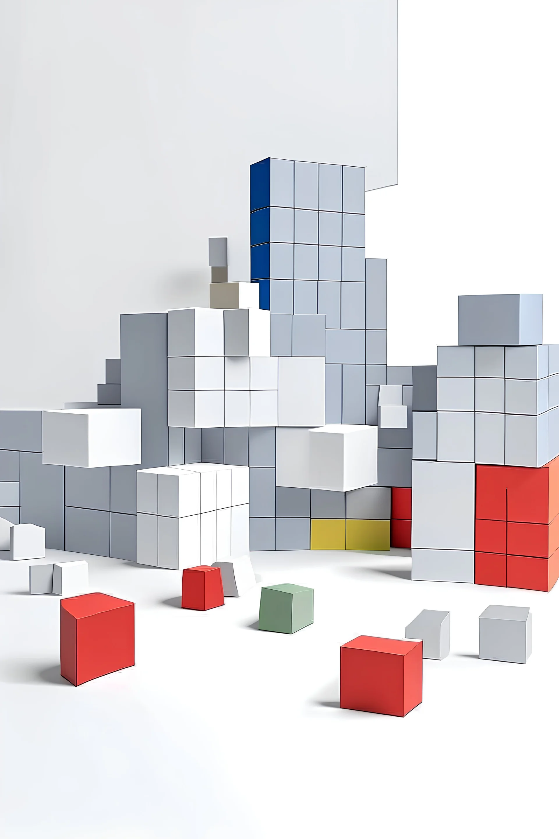 Play-Blocks in a white space, colours should be Darkbluse, White, Grey; Style = Paper Cut Art