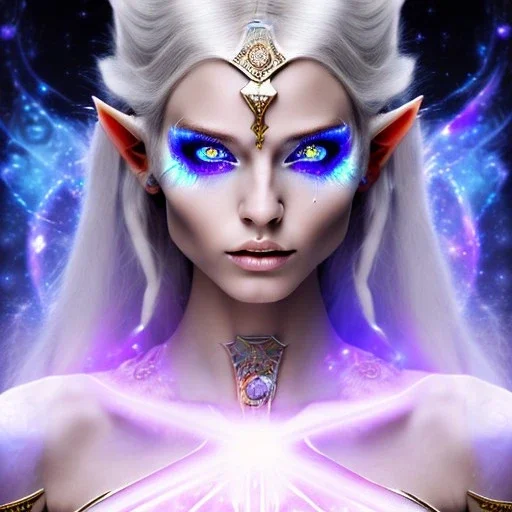 cosmic mage, elf, female, battle mage, epic, cosmic magic, long ears, white hair, face details, pale skin, jewellery, broad shoulders, glowing eyes, sharp ears, cosmic clothes, bright eyes, cosmic eyes, ears shown, light out of eyes, less realistic