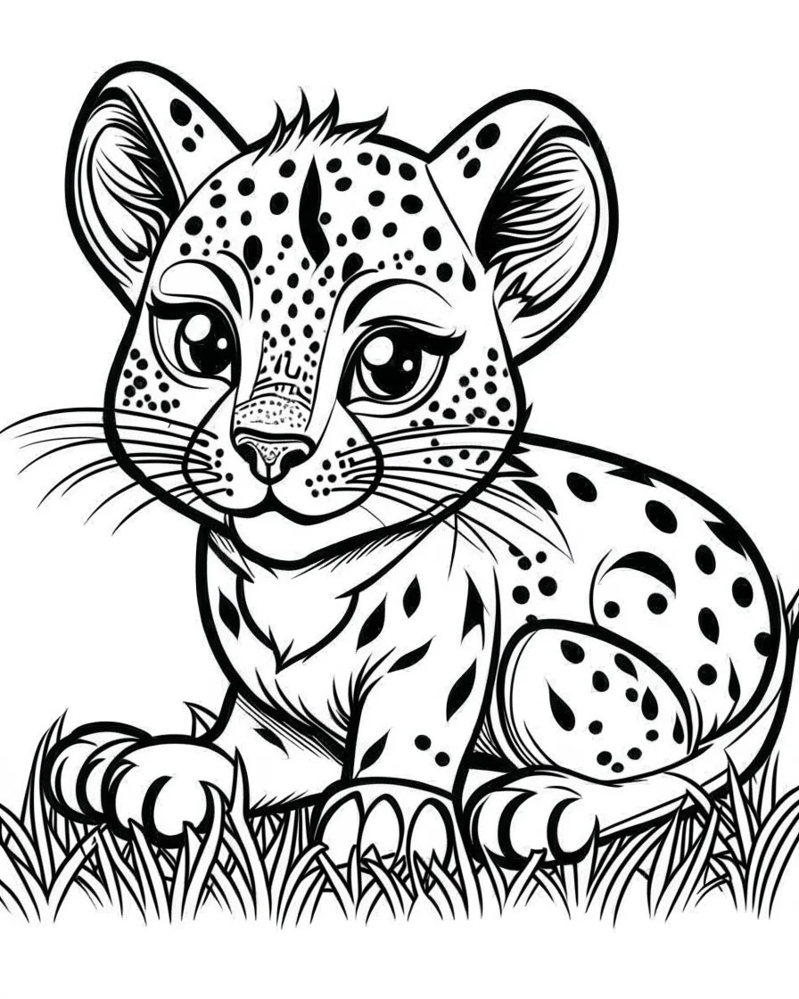 create a 2d black outline, "safari smiling cartoon baby gepard coloring book for toddlers", coloring page, low details design, black contour, coloring page design, simple background, colorful , card style, coloring page for kids, white background, sketch style, safari landscape, cartoon style