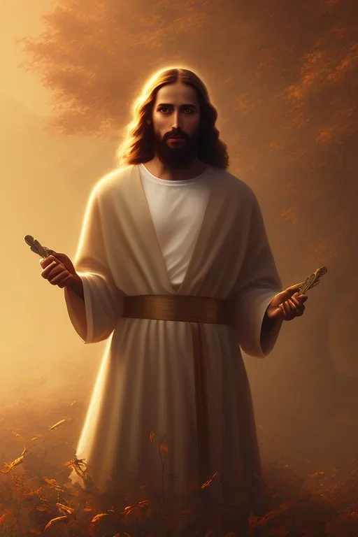 Jesus portrait at dawn by atey ghailan, holding cross in hands, golden light , white robe, holding cross, angels background, volumetric light, high detail, red leaf tree, mountains in background, perfect