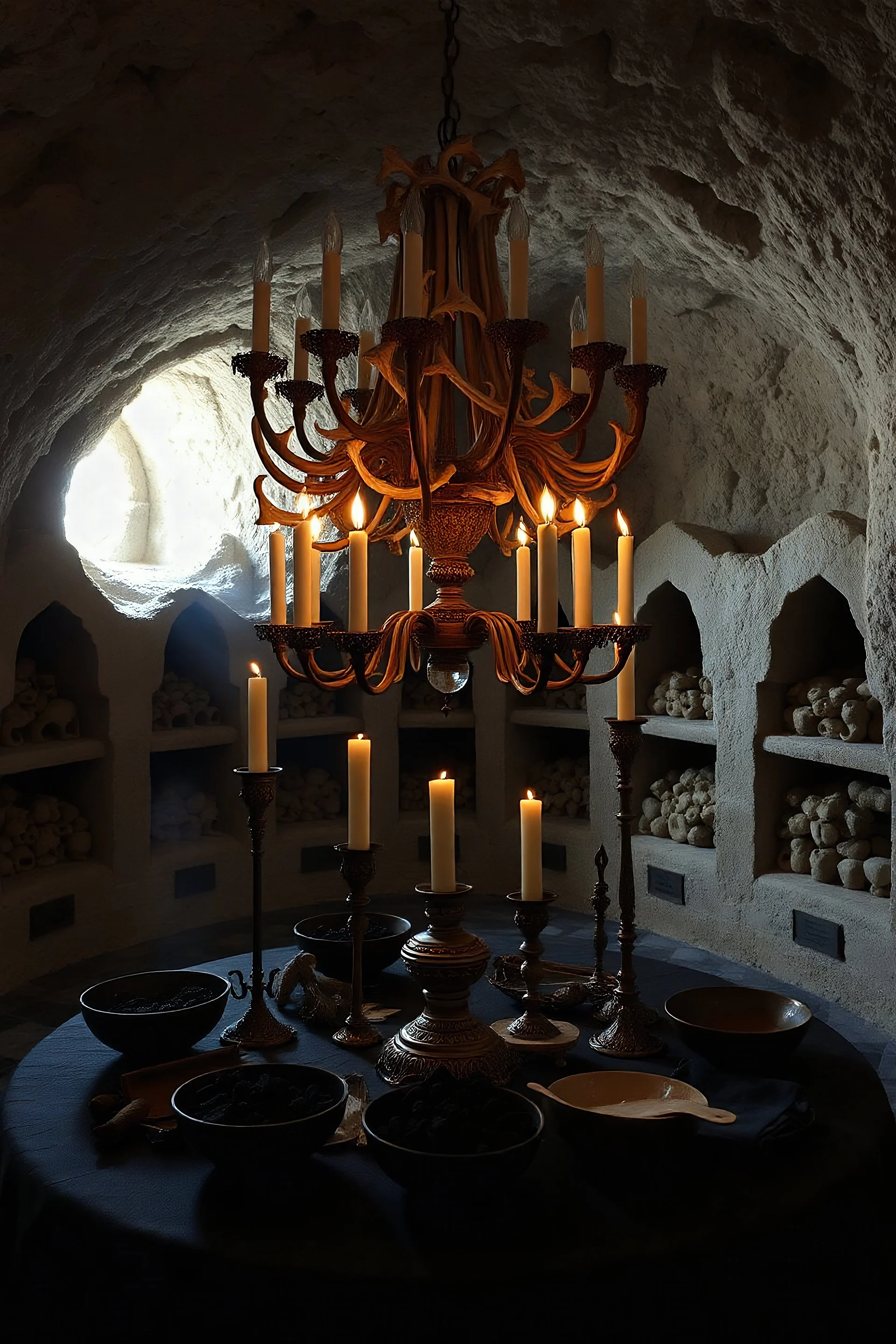 in the art style of Karem Beyit: a chandelier of bones above a table of candles, holders and snuffers. bowls of charcoal. A catacomb of burial niches in the background