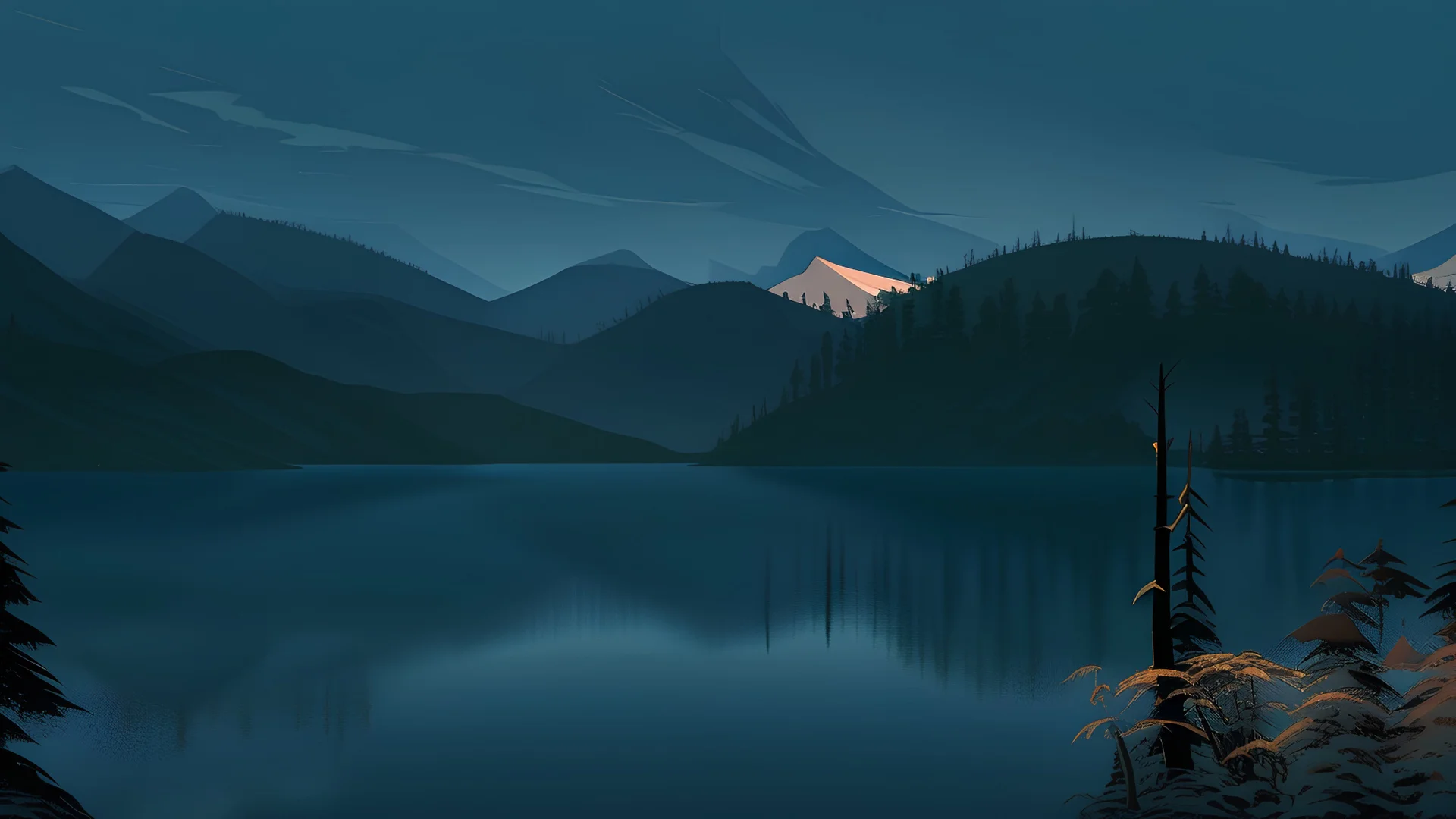 Stylized image of a forest, near a serene lake and mountains in the background at sunrise