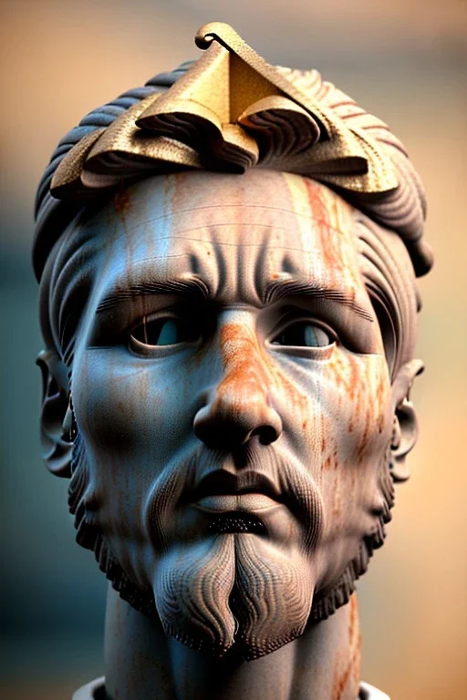 Ultra Realistic image, Roman sculpture, white marble material, Lionel Messi, gold Laurel leaves wreath, renaissance ornaments, one gold star in heart, sun ornament, sun rays background, chisel style, waist up portrait, emperor style, epic, celestial, cinematic lighting, God light, god rays, 4k resolution, smooth details, ornate details, soft lighting, unreal engine 5, art station, substance 3d.