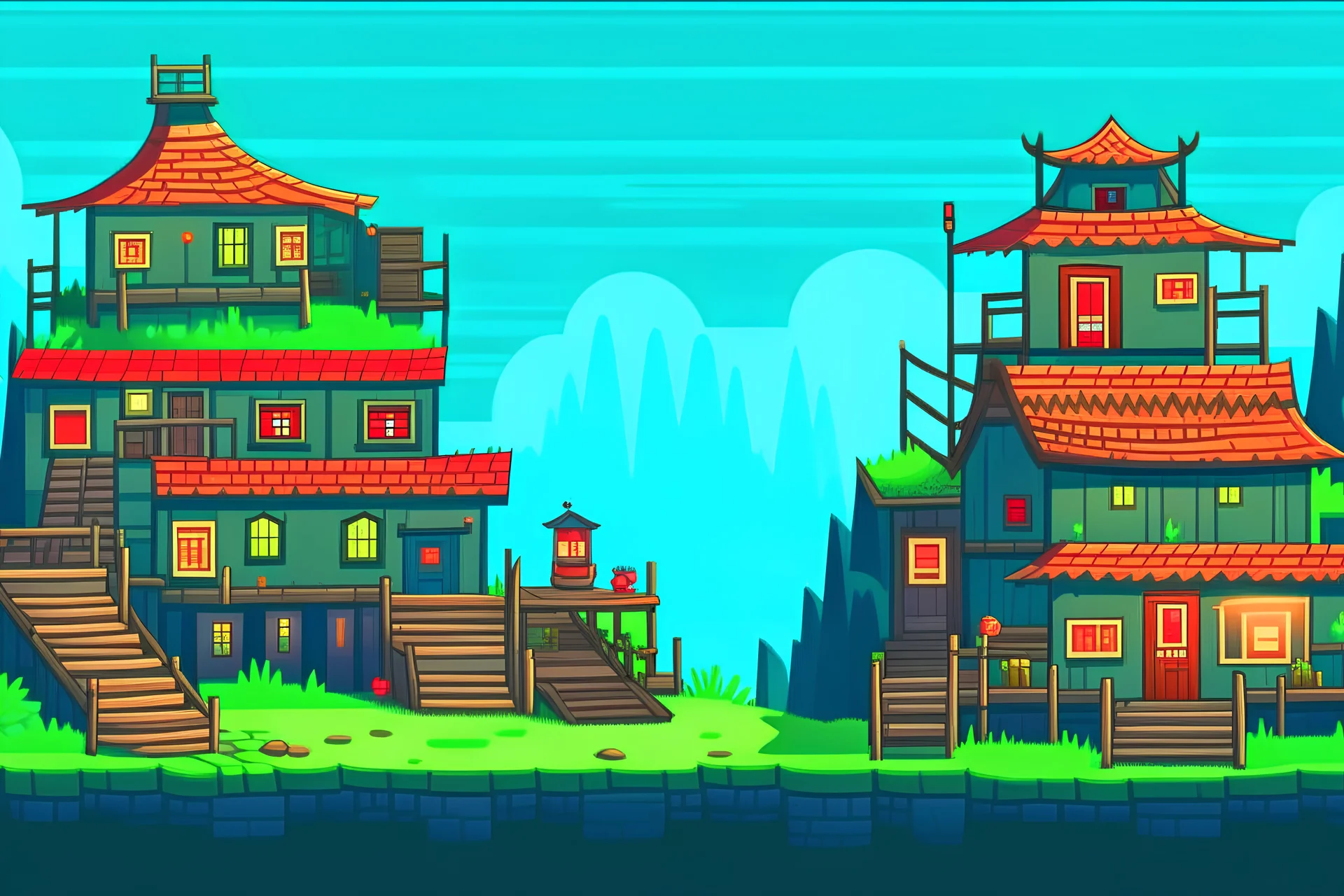 Side scroller village ,2d platformer, stylised ,flat design, game art, enhanced, detailed, side view