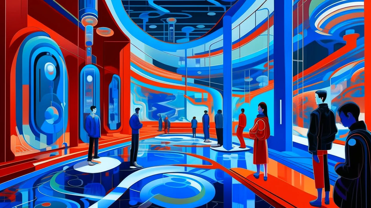 A digital painting by Kuniyoshi and Matisse of tech-people walking inside a futuristic matrix world.