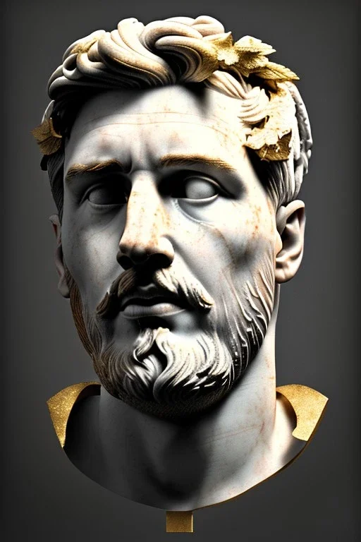 Ultra Realistic image, Roman sculpture bust, clean white marble material, Lionel Messi, gold Laurel leaves wreath, renaissance ornaments, one gold star, blue sky background, waist up portrait, cinematic lighting, god light, 4k resolution, smooth details, ornate details, soft lighting, unreal engine 5, art station, substance 3d, art concept.