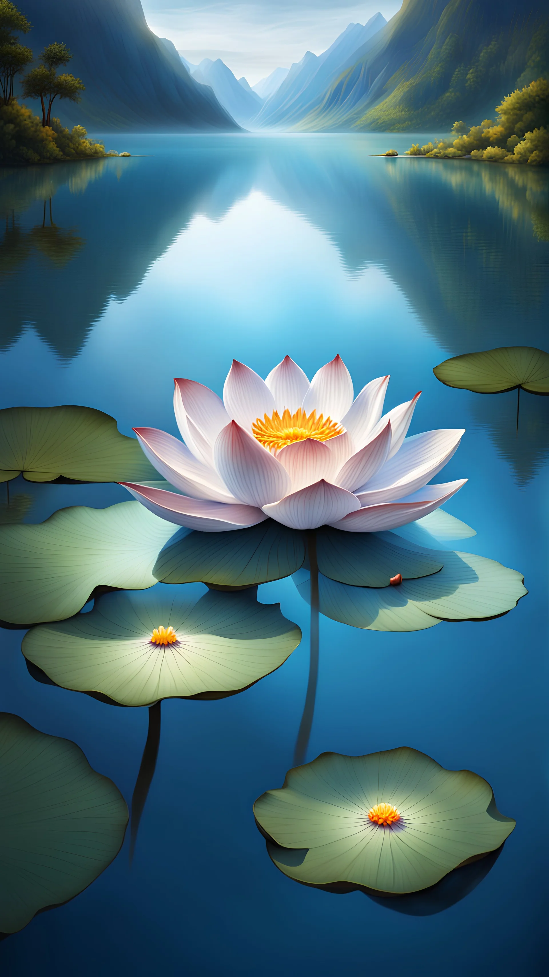 stunning mystic lotus flower on azure lake, high realistic, stunning