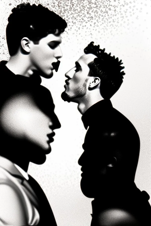 black and white photo of two men kissing, pop art background