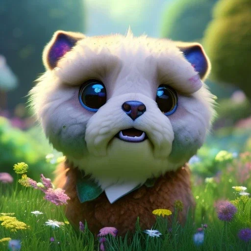 pixar style, volumetric summer garden environment and background, realistic painting of muffin, looking excited, volumetric lighting, dramatic lighting, detailed digital painting, extreme dense and fine fur, anime, ornate, colour-washed colors, elegant, small minutiae, tiny features, particulars, centered, smooth, sharp focus, renderman gofur render, 8k, uhd, detailed eyes, realistic shaded volumetric lighting, sunlight caustics, backlight, centered camera view