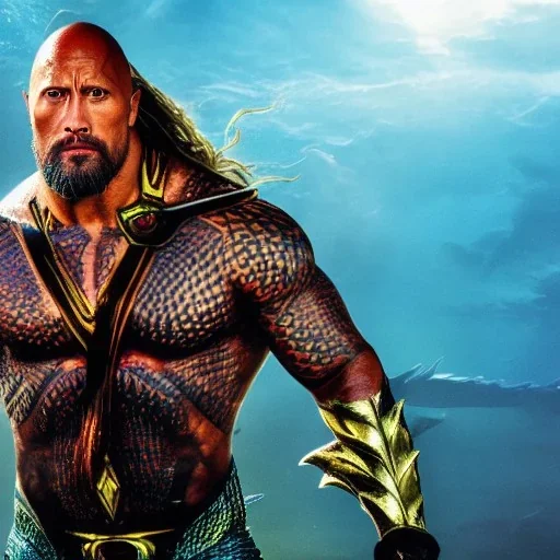 Fantasy, Dwayne Johnson as Aquaman, heroic, award winning, insanely detailed, sunlit, realistic, ocean,acrylic paint, 8k resolution, hdr, trident