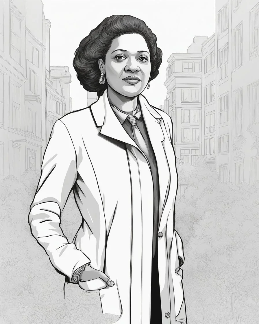 Outline art for coloring pages with HENRIETTA LACKS , white background, sketch style, only use black outline, white background, no shadows and well and clear outline , white background, sketch style, only use black outline, white background, no shadows and well and clear outline