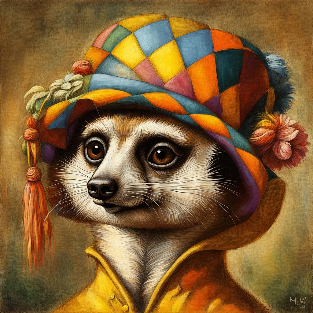 Imagine an anthropomorphic meerkat with a harlequin hat ,by Judith Leyster. in the style of August Macke, John Blanche. Modifiers: oil on canvas vibrant imperial colors hyperrealistic ultra detailed crisp quality whimsical muted colors Decadent 64K, UHD, HDR, HQ anthropomorphic face dark, gloomy, mysterious ©Miwi metallic bronze accents